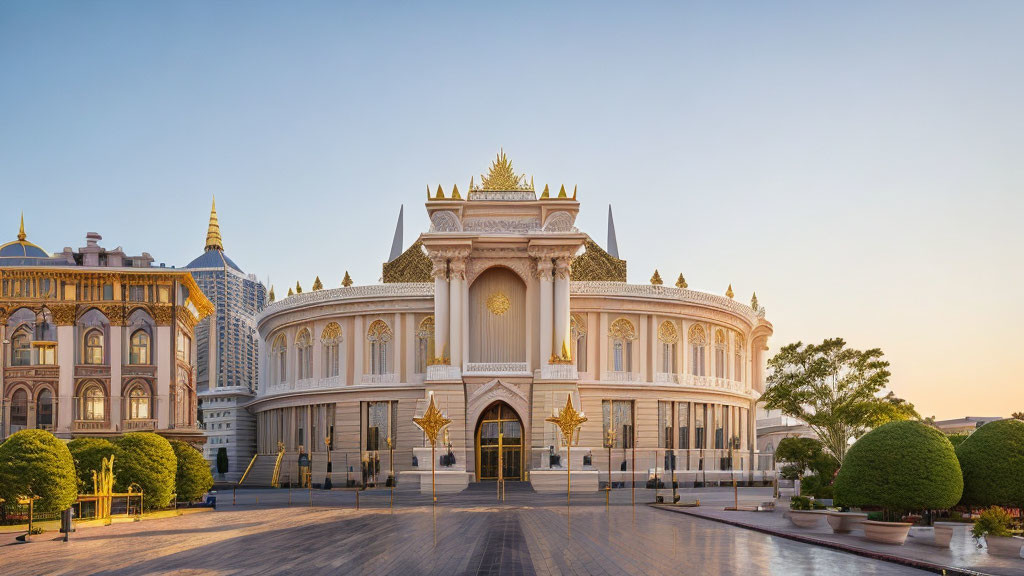 Majestic white building with gold accents and topiary trees at dusk