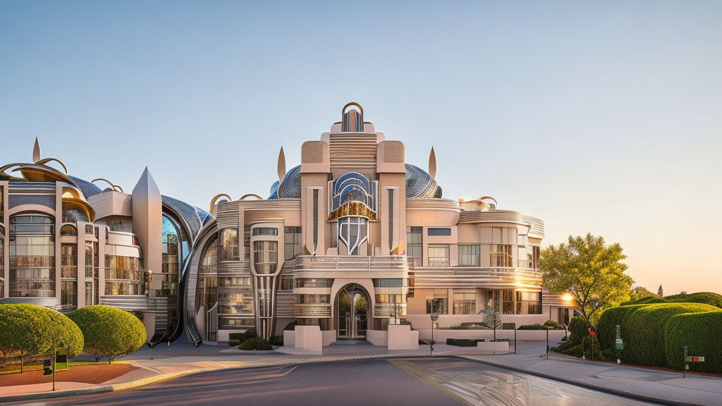 Symmetric art deco building with metallic accents at sunset