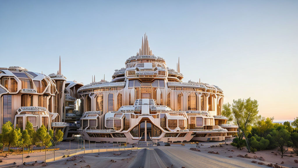 Modern desert cityscape with futuristic buildings under clear sky