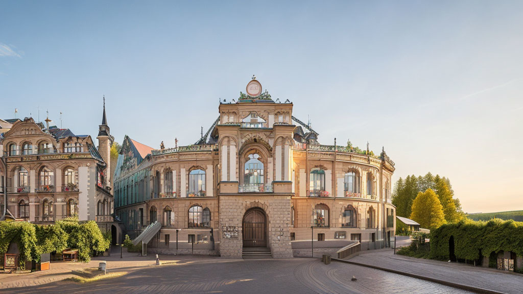 Historic building with central clock tower and symmetrical wings at sunrise or sunset