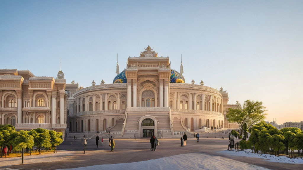 Neoclassical building with central archway and domes in spacious plaza