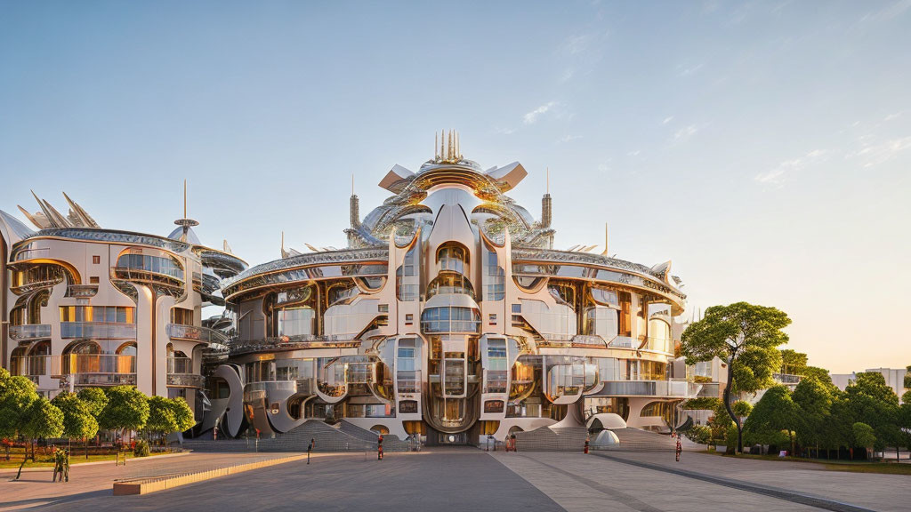 Ornate futuristic building with circular architecture in golden hue