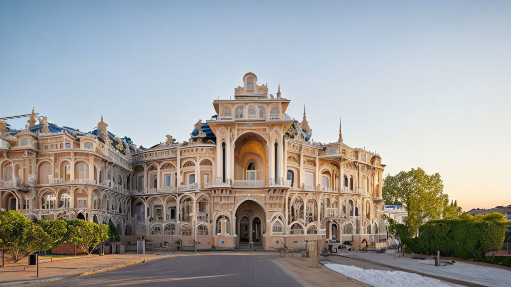 Palatial building with arches and intricate designs under clear sky