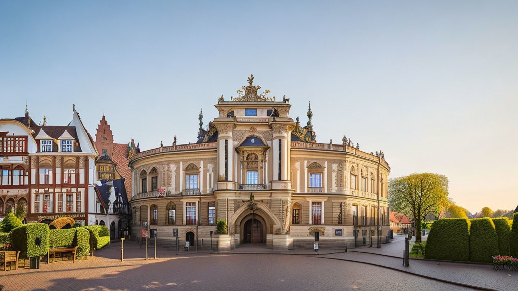 Historic building with ornate facade and manicured hedges against European architecture.