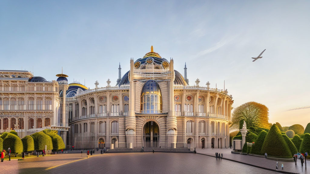 Ornate palace with blue domes and gold detailing under clear sky