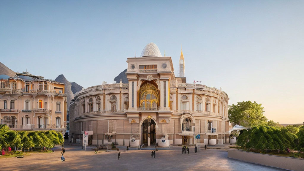 White Facade Building with Arches and People Walking