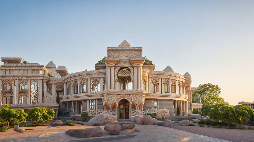 Intricate Sand-Colored Palace with Arches and Carvings at Dawn or Dusk