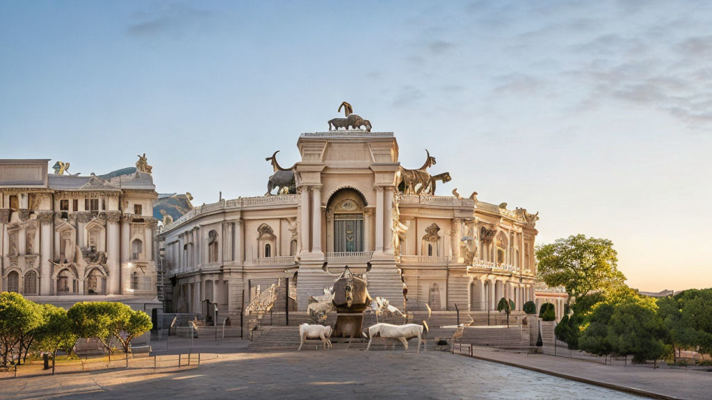 Elaborate sculptures of bulls, elephants, and mythical creatures in grand building.