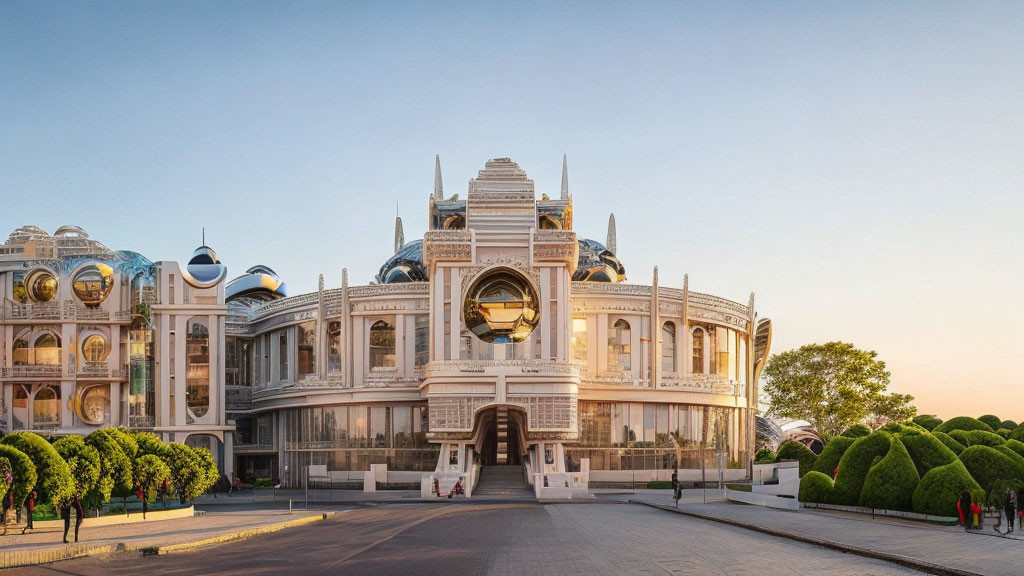 Modern building with classical design elements and dome against clear sunset sky.