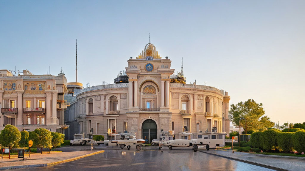 Neoclassical building with central dome and parked boats at dusk