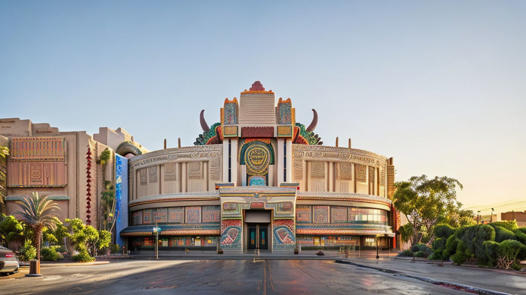 Colorful art deco theater facade on empty street