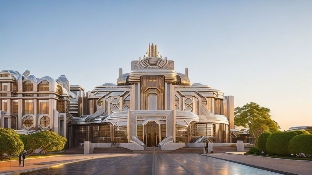 Symmetrical Art Deco-Inspired Futuristic Building with Metallic Elements