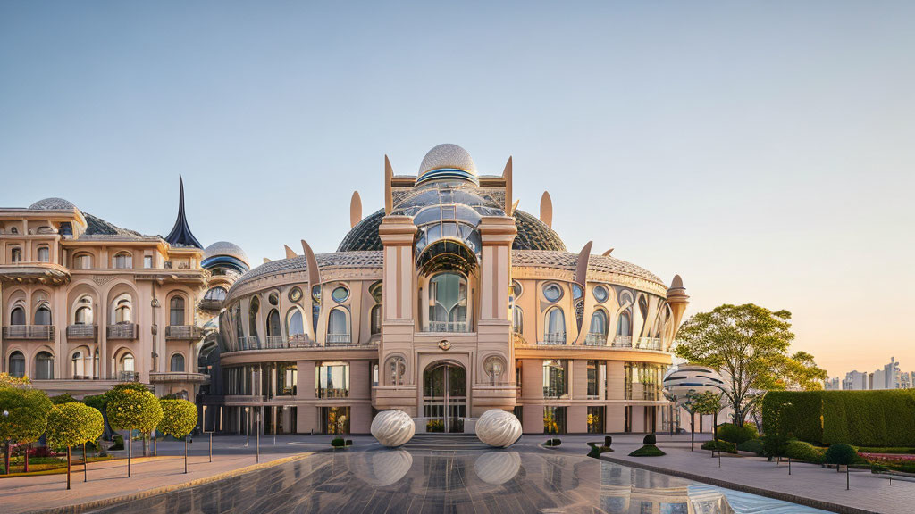 Opulent building with domed roofs and ornate architecture in sunlight