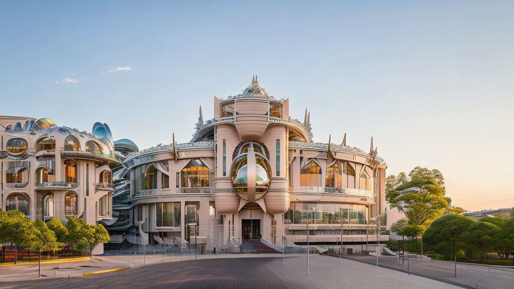 Ornate modern building with glass domes and metallic globe structure at dusk