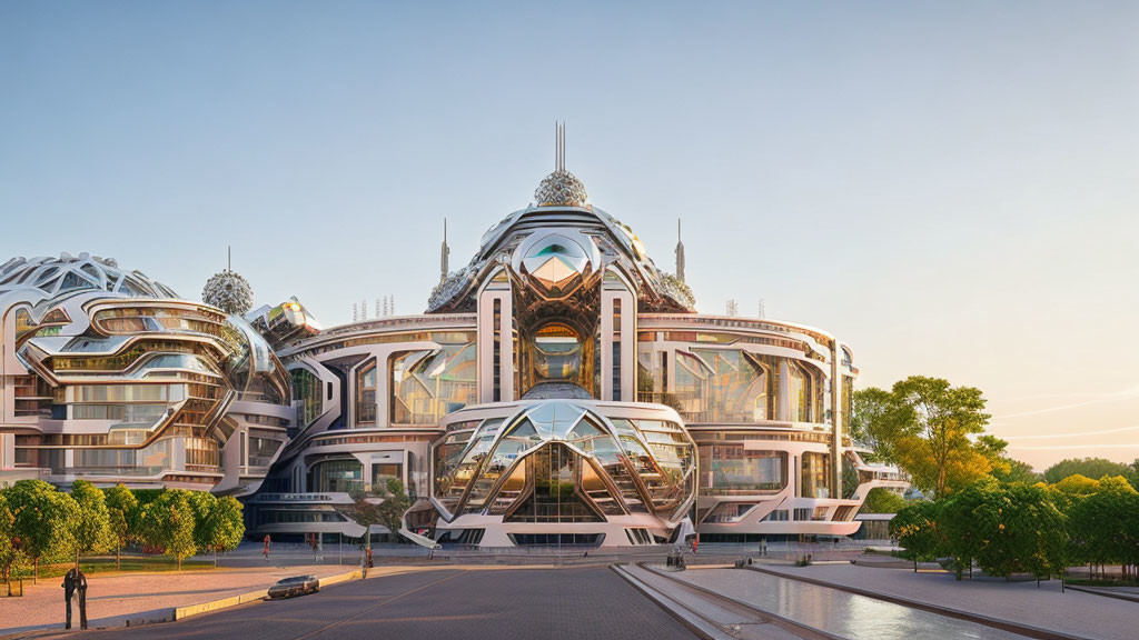 Futuristic organic design building with metallic and glass elements at dusk