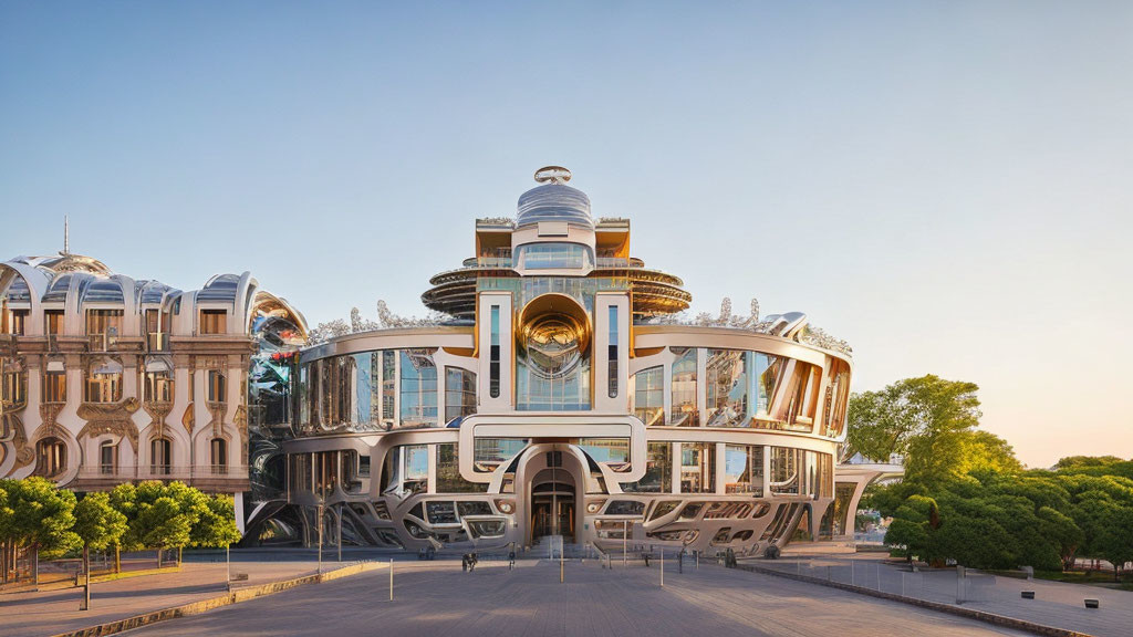 Futuristic circular design building against clear sky