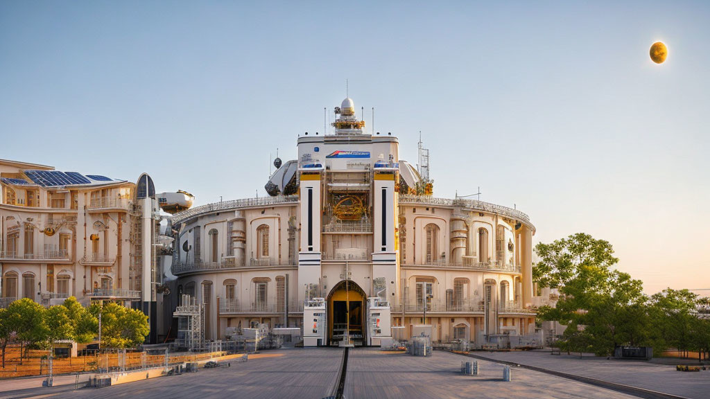 Grand Building with Classic and Futuristic Elements and Lunar Eclipse Sky