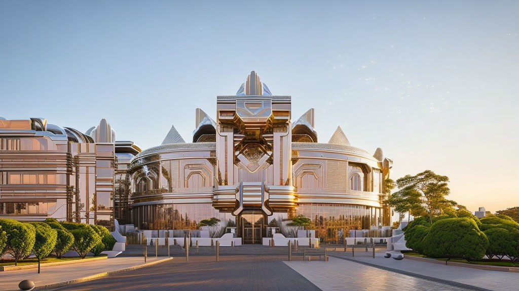 Symmetrical futuristic building with arches and metallic accents at golden hour