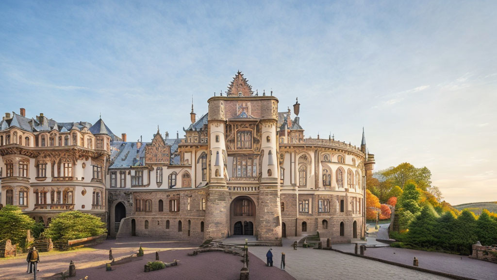 Ornate architecture of majestic castle among autumn trees