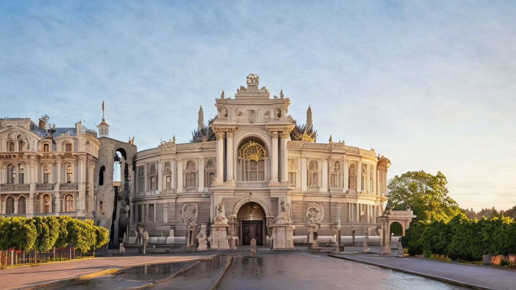 European-style Palace at Sunrise with Ornate Facades and Statues