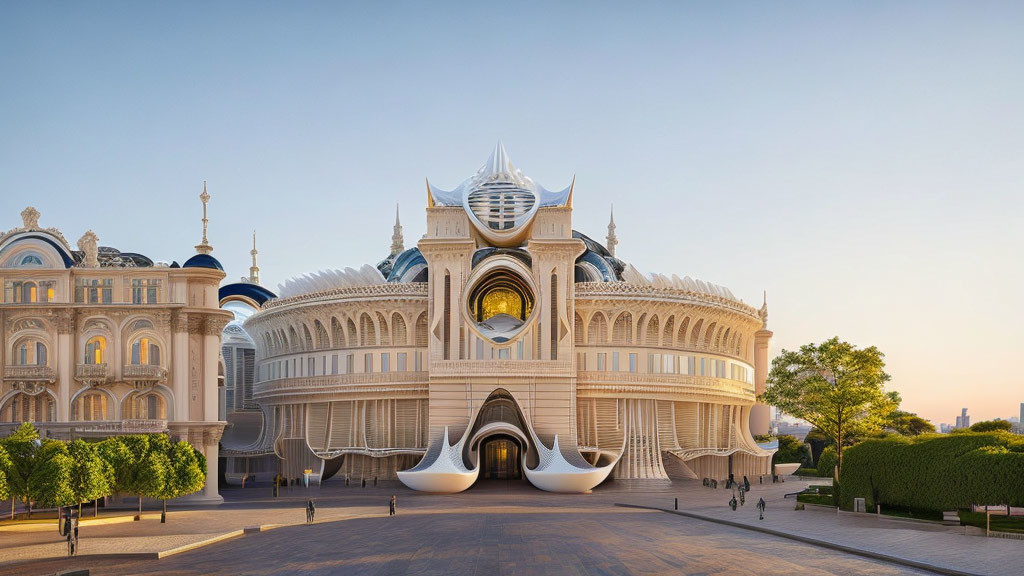 Opulent futuristic building with ornate white facades and golden entrance