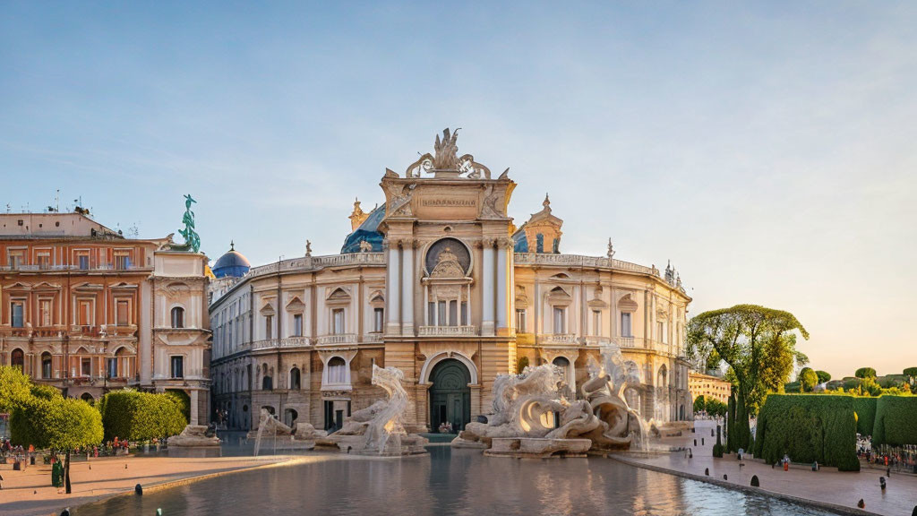 Baroque-style historical building with large fountain and manicured green shrubbery