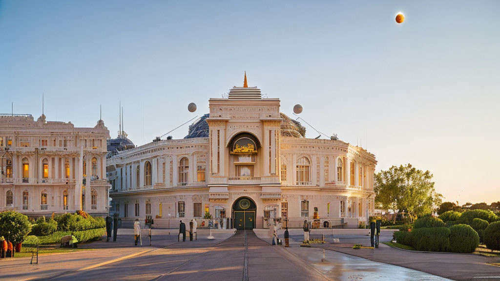 Neoclassical building with sunset view and visitors walking outside