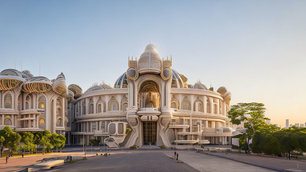 Futuristic building with intricate rounded architecture and central tower.