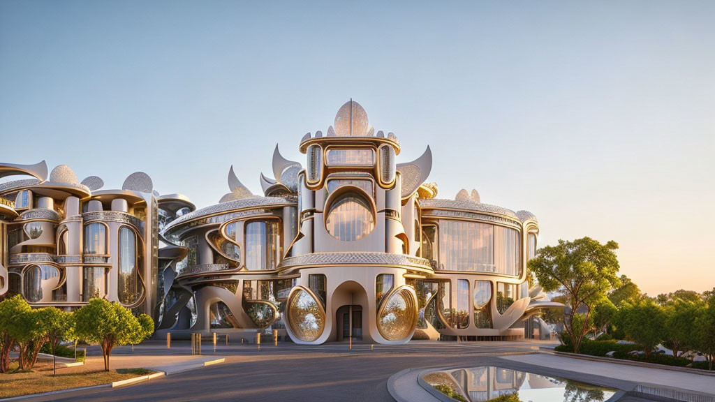 Ornate futuristic building with smooth curves and stylized windows