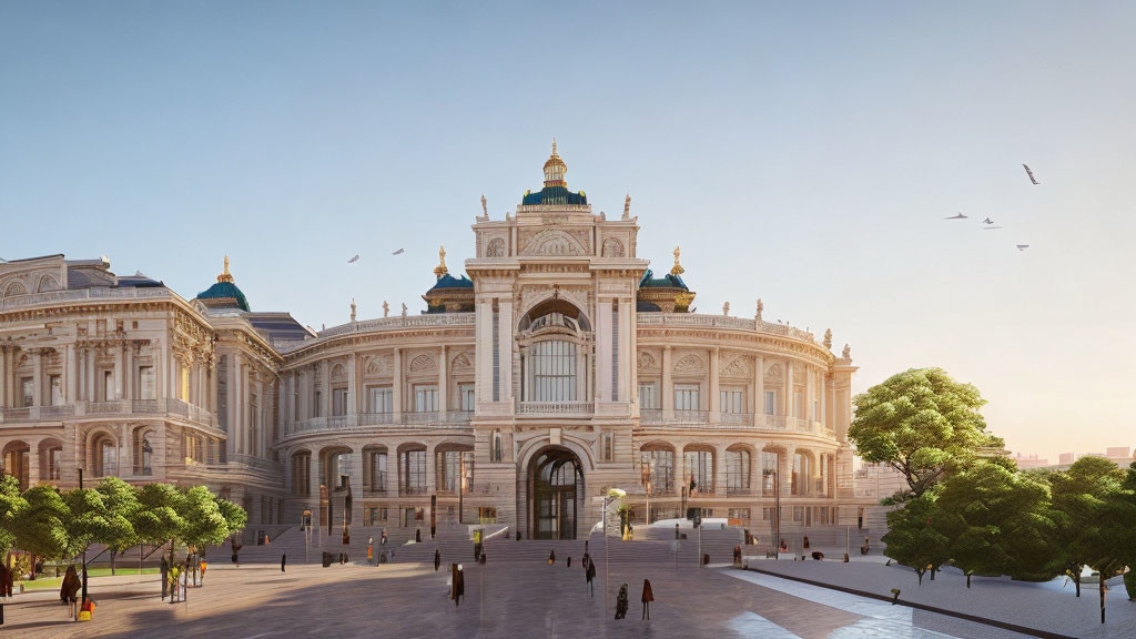 Neoclassical Building with Dome, Arches, and Figures