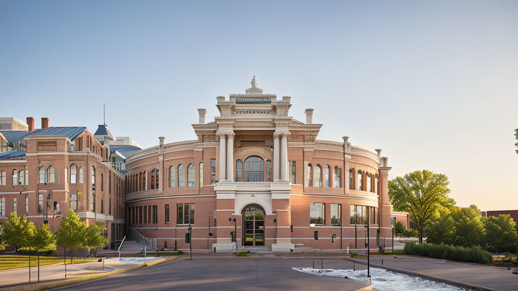 Grand entrance and cupola of classical revival building at golden hour