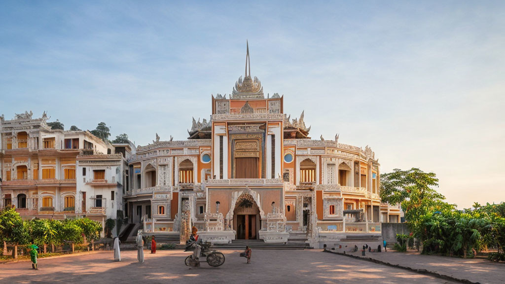 Traditional Architecture Building with People and Cyclist in Foreground