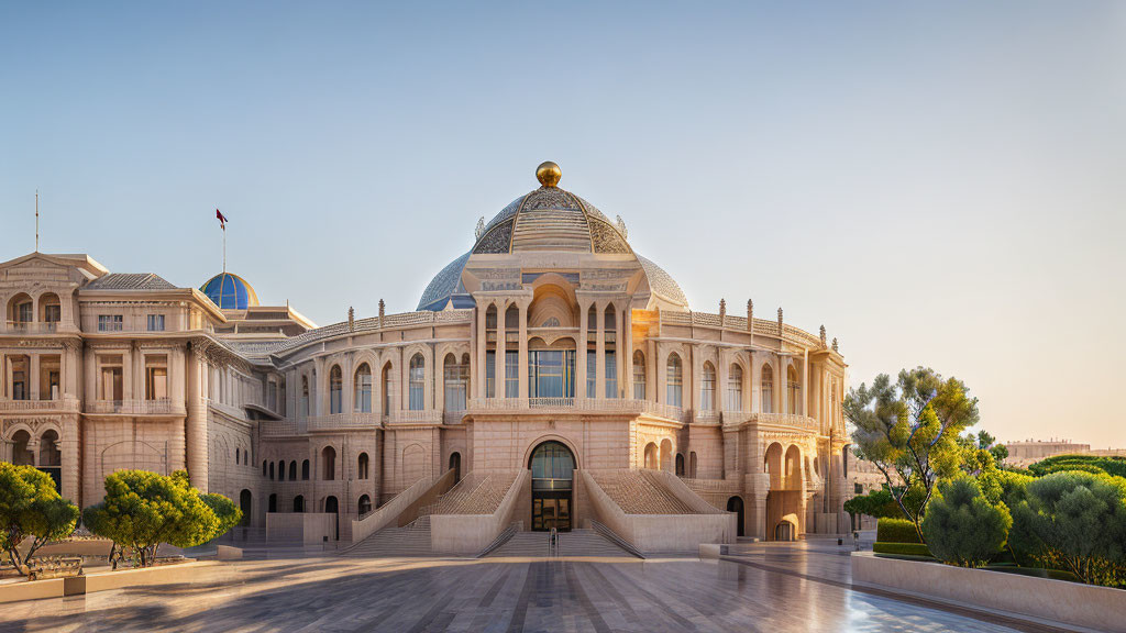 Majestic building with central dome and archways under clear sky