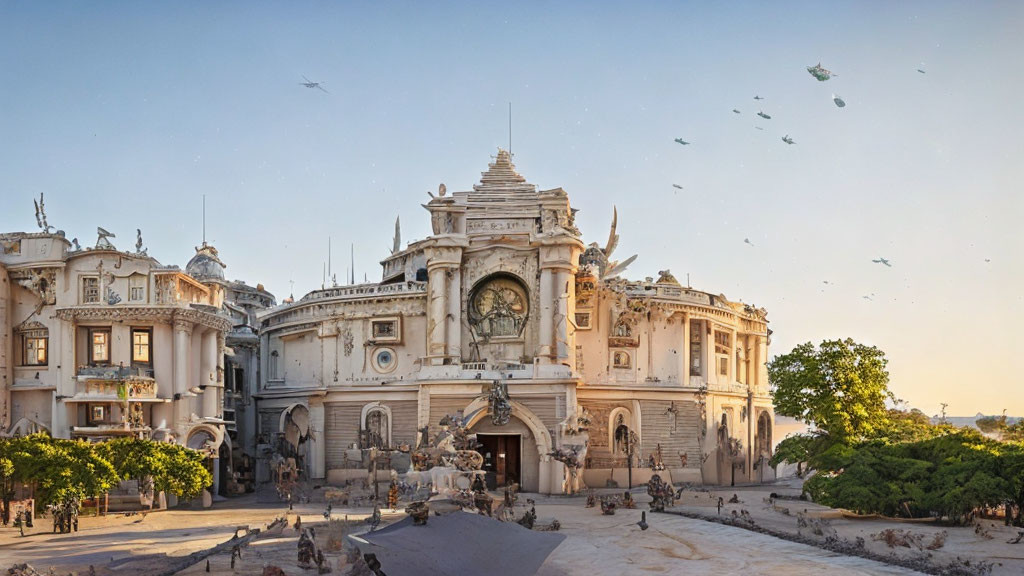 Classical building with statues and clock in a serene outdoor setting