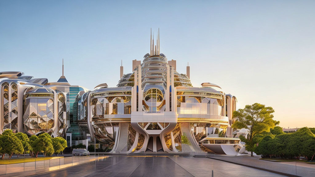 Intricate white futuristic building with large glass panels and greenery at dusk