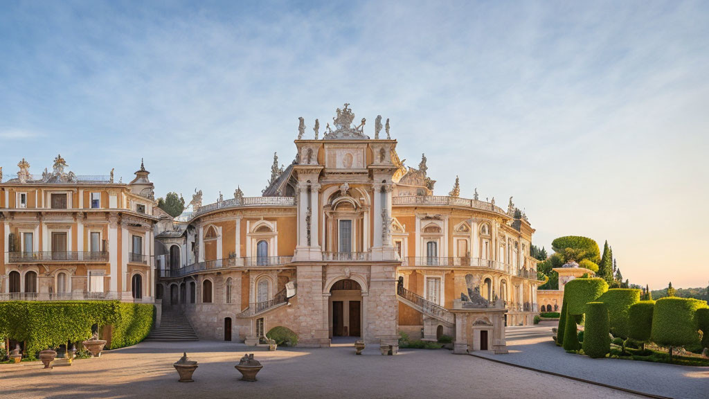 Baroque palace with sculpted facades and manicured gardens