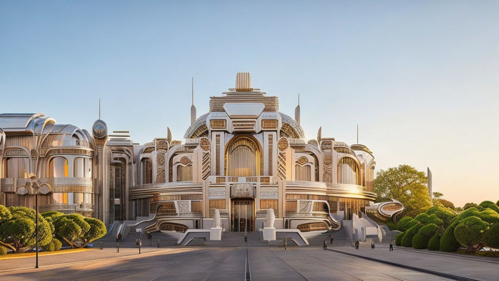 Ornate Art Deco building with symmetrical staircases and lush greenery