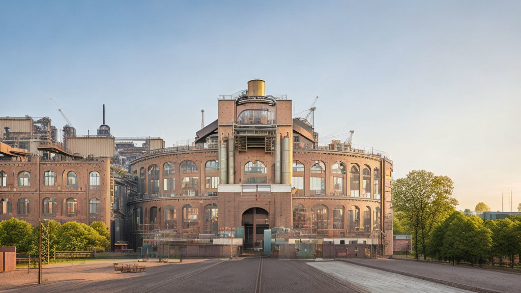 Brick building with large windows and glass entrance at dusk or dawn