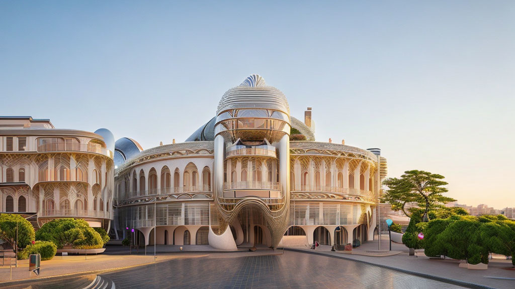 Ornate modern building with arches, balconies, and spherical structure against clear sky