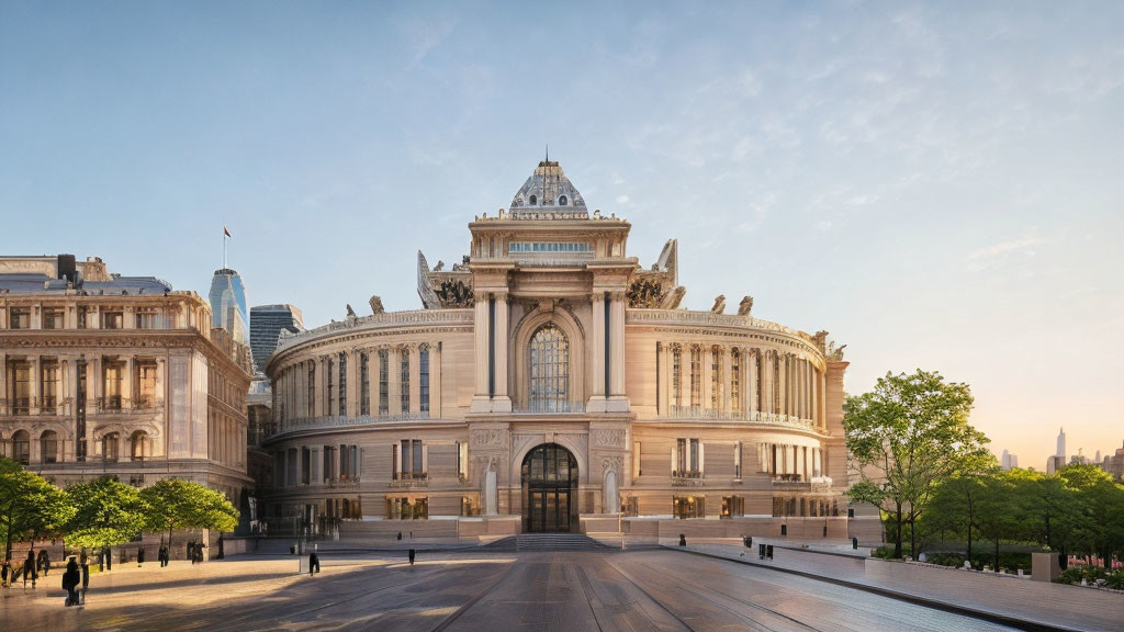 Neoclassical building with grand staircase and detailed facade at sunset