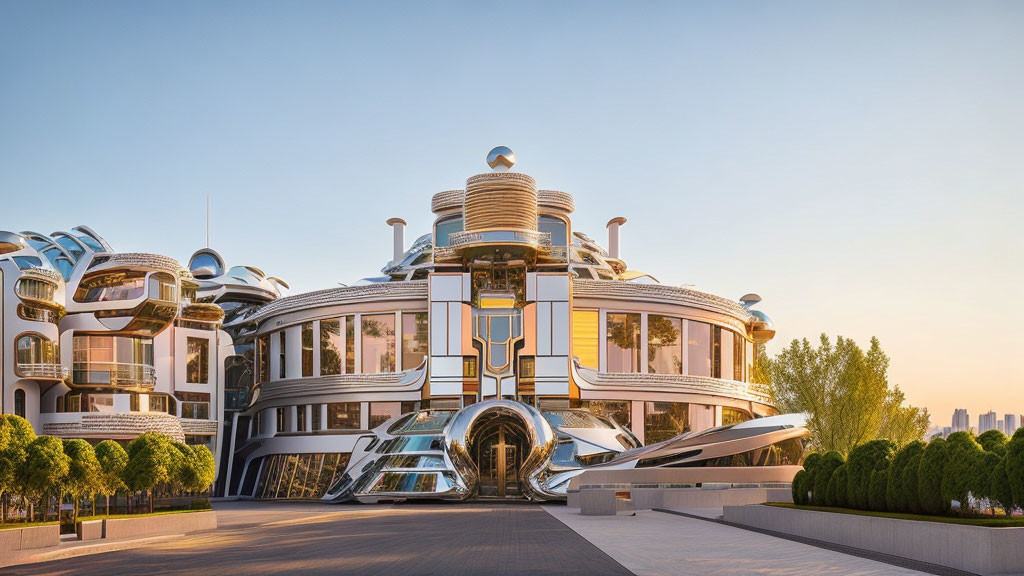 Futuristic building with metallic structures and glass windows against sunset sky