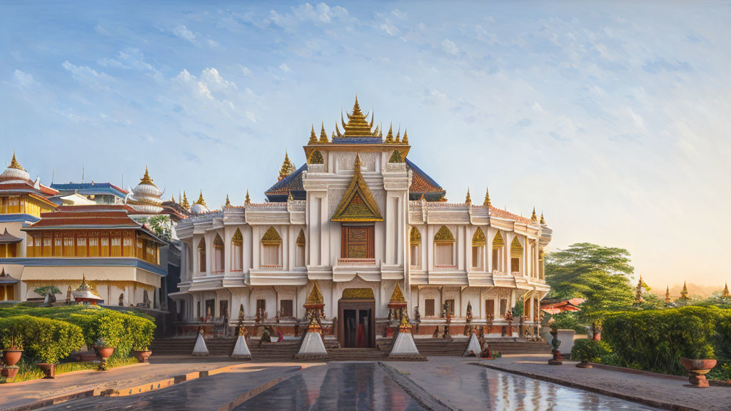 Traditional white building with golden trim and spires under a blue sky.