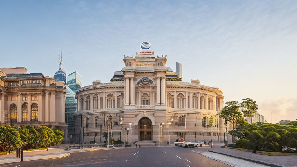 Neoclassical Building with Dome and Skyscrapers in Background at Golden Hour