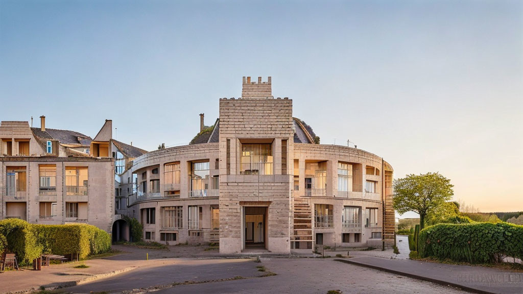 Symmetrical modernist building with curved design and concrete facade