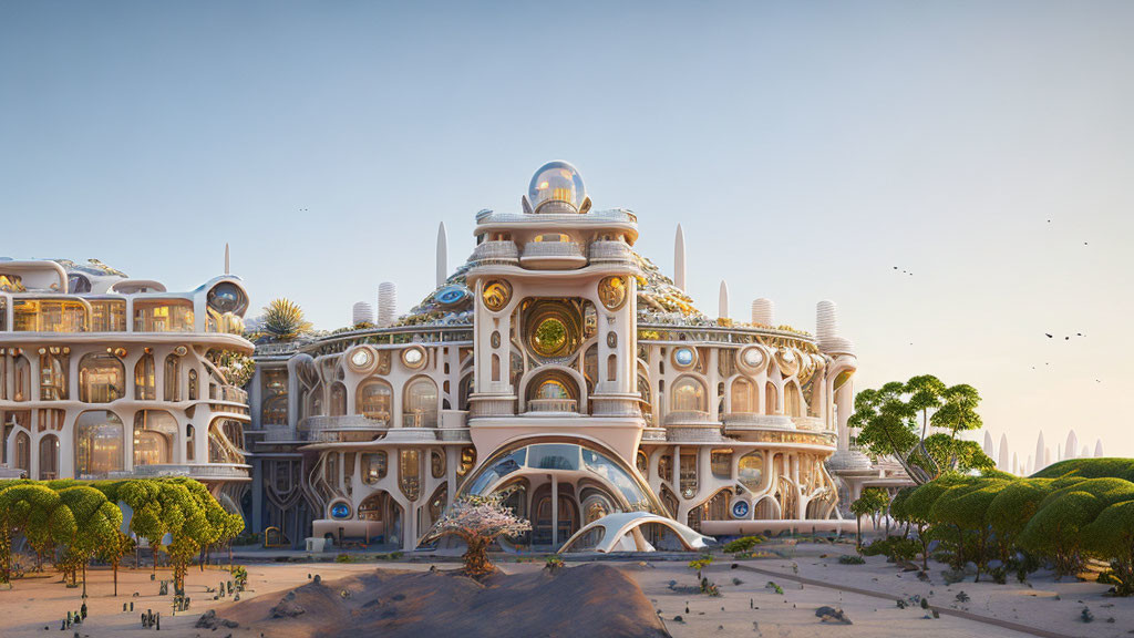 Futuristic architecture with domes, ornate windows, and flying vehicles in lush green setting