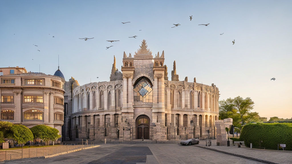 Historic building with gothic arches, stone carvings, window, and birds in clear