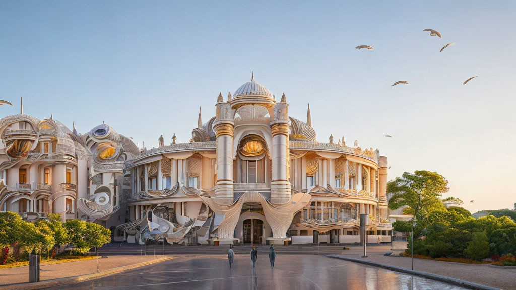 Ornate palatial building with intricate designs and domes under clear sky