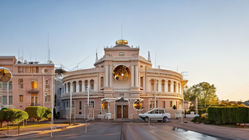 Classical building with columns and dome at golden hour on empty street