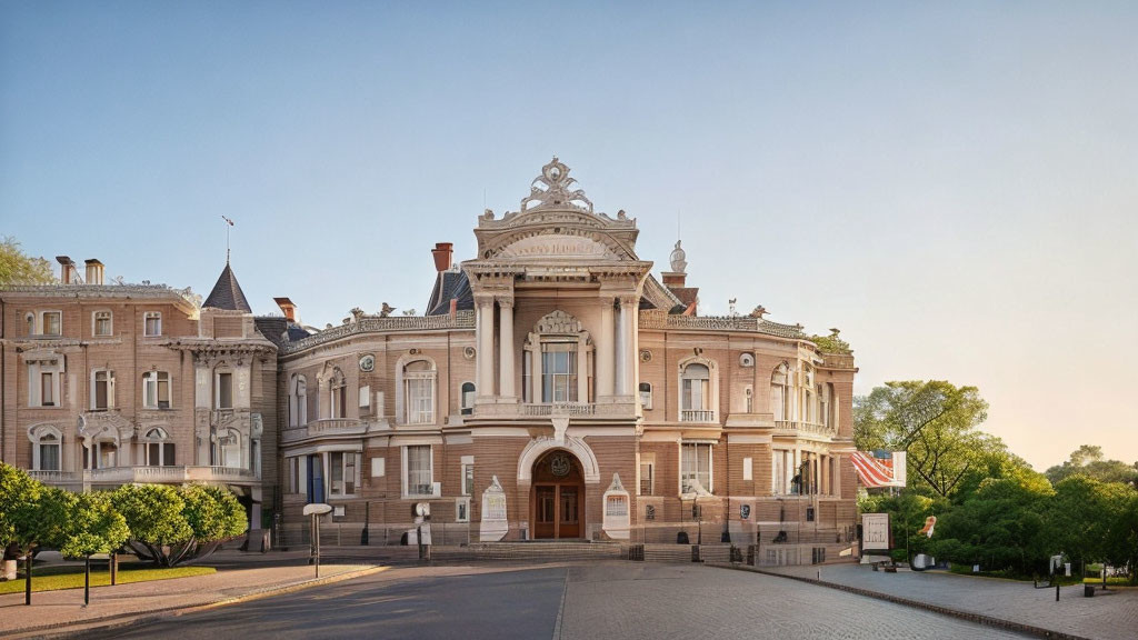 Historic building with ornate facade and grand entrance at dusk