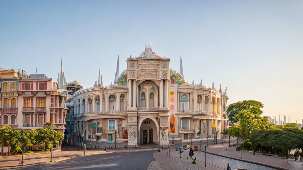 Historic theater with intricate architecture and colorful buildings at golden hour